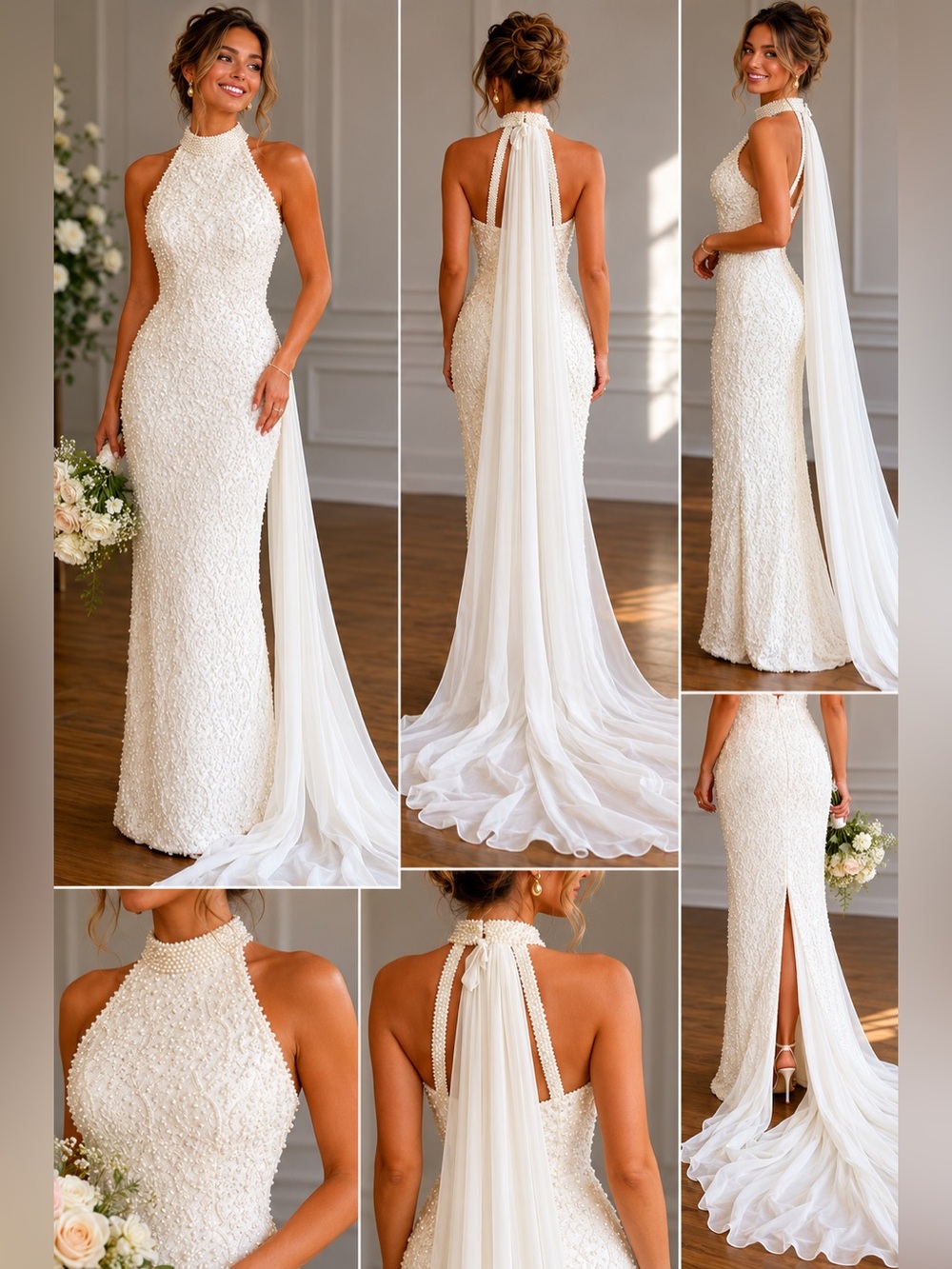 St Tropez Ivory All Over Pearl Beaded Lace Halter Wedding Gown Dress Size 6